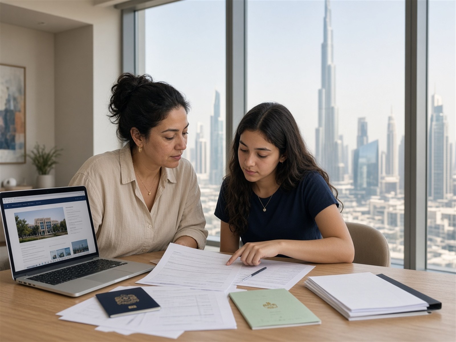 Madre e hija organizando documentos